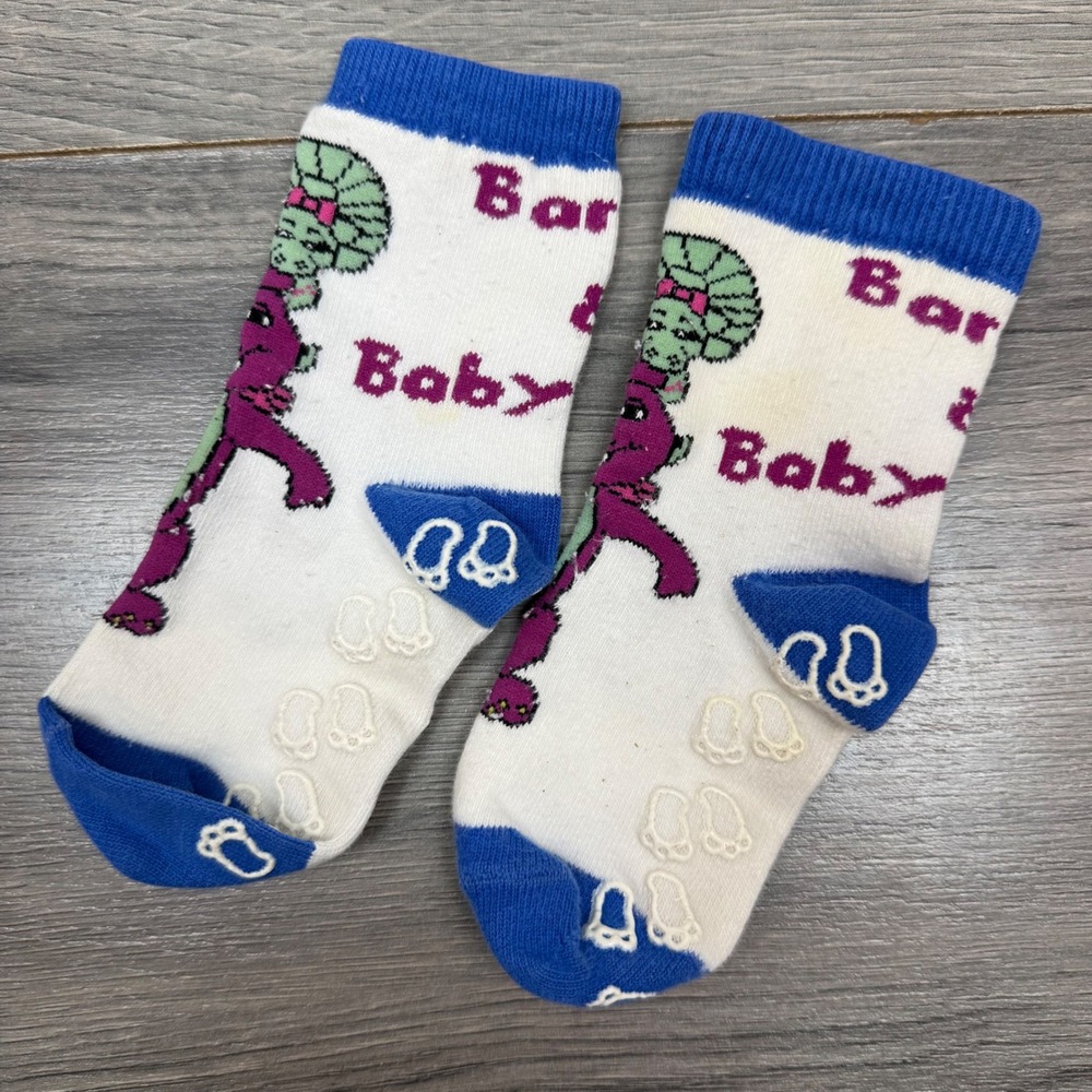 Vintage 1990s Barney & Friends Baby‎ Bop Blue White Gripper Socks • Kids